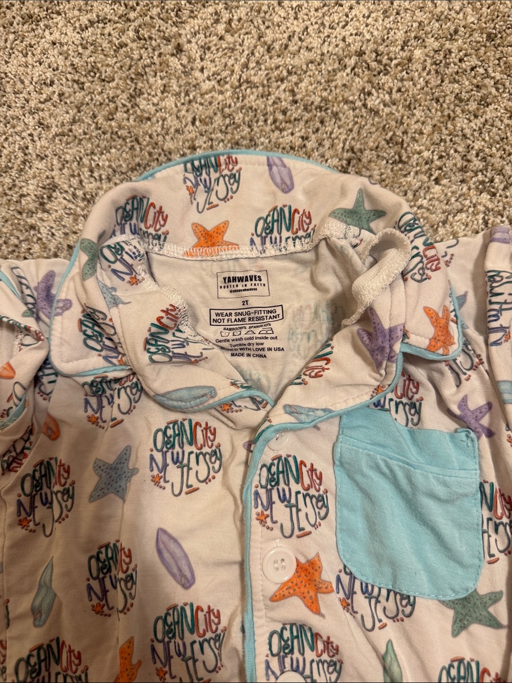 Girls Surf Print Short Romper with Aqua Pocket - Picture 2 of 4